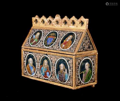 A GILTWOOD AND ENAMEL SET CHASSE OR CASKET, IN THE 16TH CENT...