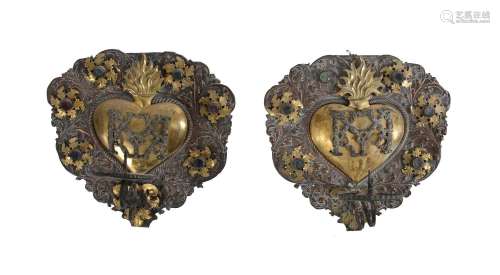 A PAIR OF BRASS AND COPPER WALL SCONCES, POSSIBLY DUTCH COLO...