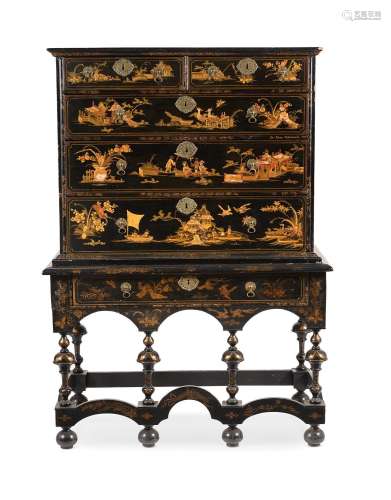 A QUEEN ANNE BLACK LACQUER AND GILT CHINOISERIE DECORATED CH...