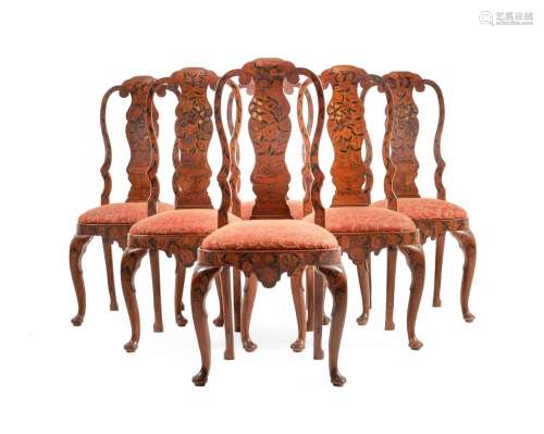 A SET OF SIX DUTCH WALNUT AND MARQUERTY SIDE CHAIRS, MID 18T...