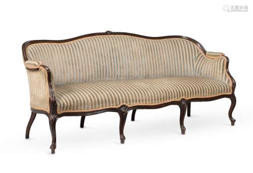A MAHOGANY AND UPHOLSTERED SETTEE, IN GEORGE III FRENCH HEPP...