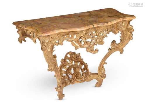 A LOUIS XV CARVED GILTWOOD CONSOLE TABLE, MID 18TH CENTURY