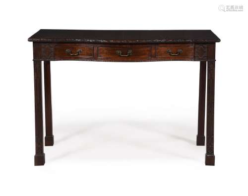 A PAIR OF MAHOGANY SERPENTINE SIDE TABLES, IN GEORGE III STY...