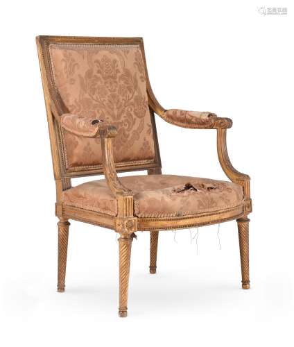 A LOUIS XVI GILTWOOD FAUTEUIL, IN THE MANNER OF GEORGES JACO...