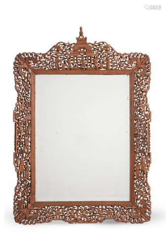 A CHINESE CARVED EXOTIC HARDWOOD WALL MIRROR, LATE 19TH/EARL...