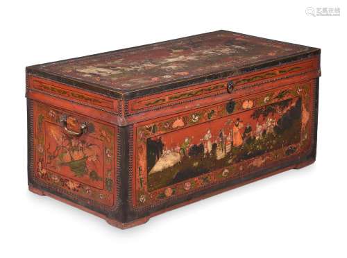 A CHINESE EXPORT POLYCHROME PAINTED LEATHER AND CAMPHORWOOD ...