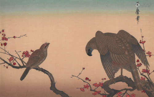 1960年代复刻 喜多川歌麿 鹰与百舌 纸本套色木刻