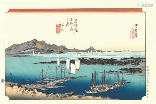 1960年代复刻 歌川广重 东海道五十三次·江尻 纸本套色木刻