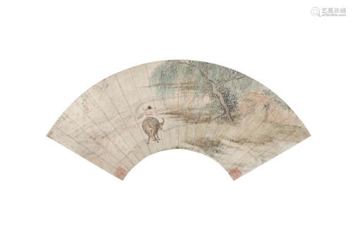 清 汪浦 牧笛图  约0.75平尺 设色纸本 镜片