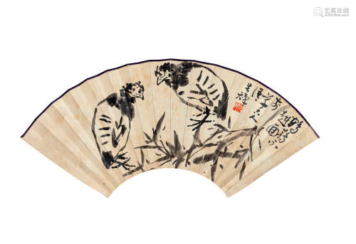 1899-1983 李苦禅、汤退厂 鹌鹑墨竹、行书  约0.87平尺 水墨纸本 扇...