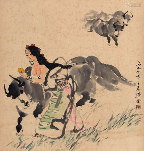 1931-2016 刘济荣 牧牛图  约4.10平尺 设色纸本 立轴