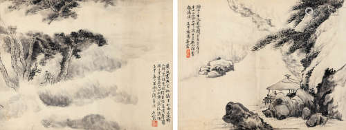 1882-1969 石霞 高士图两帧  约0.87平尺（每幅） 水墨纸本 镜片