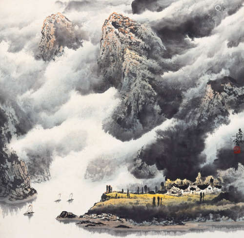 b.1938 庞泰嵩 云山雾迷  约4.10平尺 设色纸本 镜片