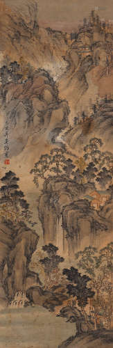 1889-1979 卢振寰 秋山行旅  约1.92平尺 设色纸本 立轴