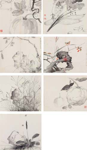 1881-1947 赵浩公 花卉蔬果写生册七帧  约0.70平尺（每幅） 水墨纸...