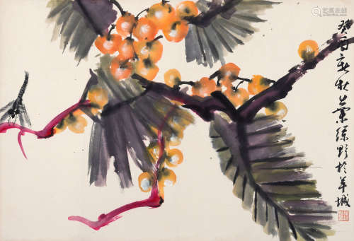 1922-2016 叶绿野 枇杷蜻蜓  约2.74平尺 设色纸本 镜片