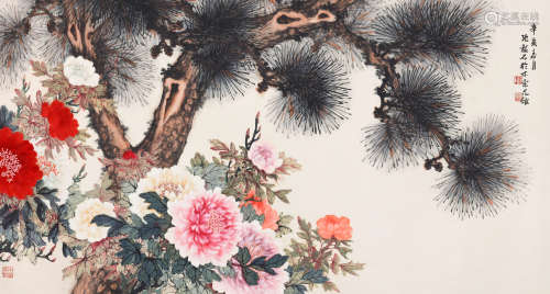 1913-1991 张韶石 富贵长寿  约7.19平尺 设色纸本 镜片
