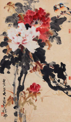 1919-2019 陈子毅 牡丹双雀  约5.36平尺 设色纸本 立轴
