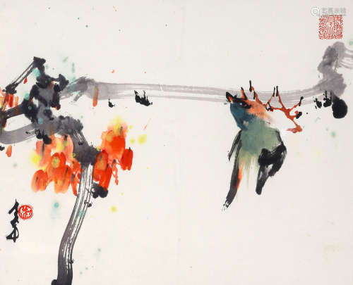 1905-1998 赵少昂 红叶小鸟  约1.00平尺 设色纸本 镜框