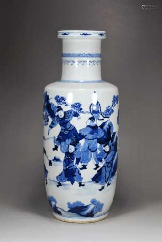 BLUE AND WHITE 'ANCIENT WARRIORS' ROULEAU VASE