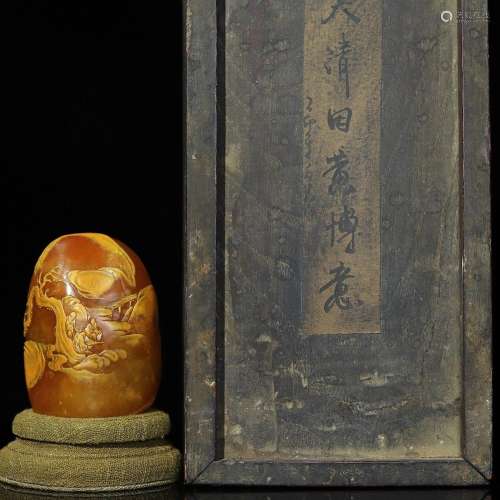 SHOUSHAN STONE CARVING 'LANDSCAPE' SEAL WITH BOX