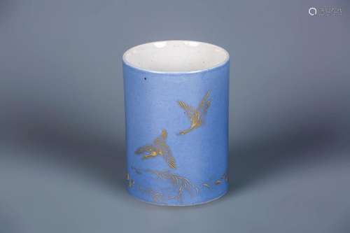 BLUE GROUND GOLD-PAINTED 'GOOSE' BRUSH POT