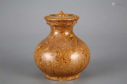 GONGXIAN WARE JAUNE TWISTED GLAZED LIDDED JAR