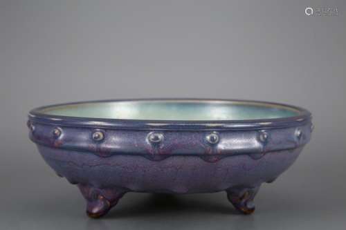 JUN WARE PURPLE GLAZED DRUM-STUD TRIPOD WATER POT