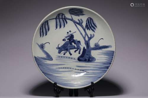 BLUE AND WHITE 'KID RIDING BUFFALO' PLATE