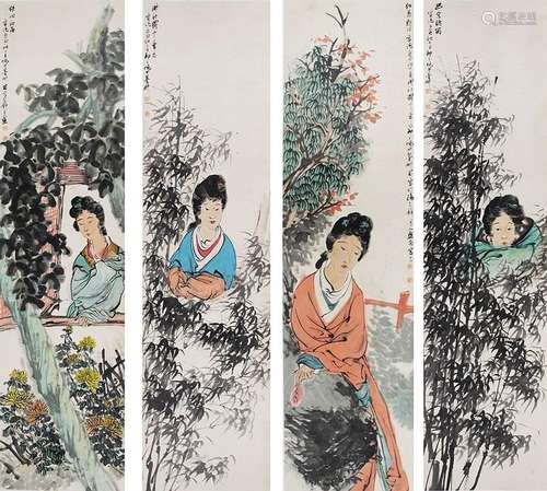 NI TIAN, FOUR-PANEL PAINTINGS OF LADIES