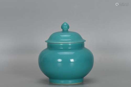 MONOCHROME TURQUOISE GLAZED LIDDED JARS, PAIR