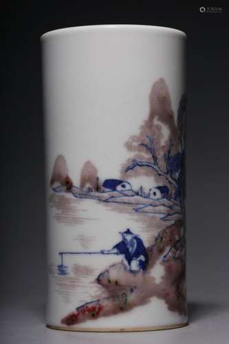 BLUE AND UNDERGLAZE RED PANORAMIC BRUSH POT