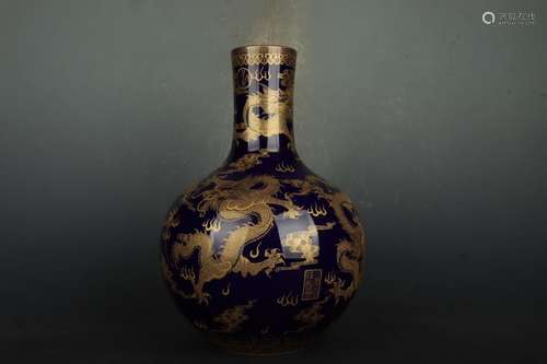 GOLD PAINTED ALTAR BLUE GLAZED CELESTIAL VASE