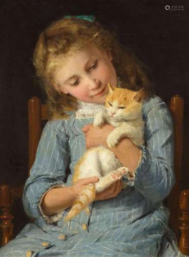 ALBERT ANKER(1831 Ins 1910)Fillette avec un chat. 1881.Huile...