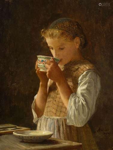 ALBERT ANKER(1831 Ins 1910)Recto : Jeune fille buvant du caf...