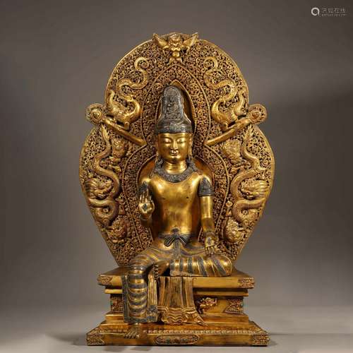 Qing Dynasty of China,Bronze Gilt Inlaid Silver Guanyin Sitt...