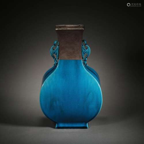 Ming Dynasty of China,Blue Glaze Wrapped Mouth Beast Ear Ves...