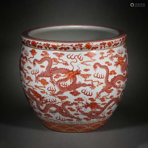 Qing Dynasty of China,Glaze Red Dragon Pattern Roll Cylinder