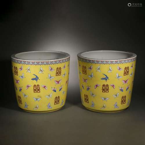 Qing Dynasty of China,Yellow Glaze Flowerpots with Happiness...