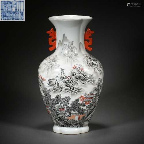 Qing Dynasty of China,Ink Painted Landscape Binaural Vessel