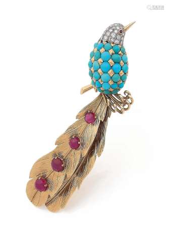 GRAND CLIP « OISEAU »Turquoises, diamants et rubis cabochons...