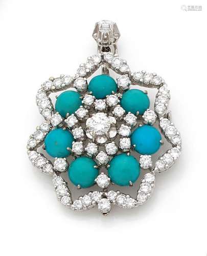 PENDENTIF « ROSACE »Turquoises et diamants rondsOr 18k (750)...