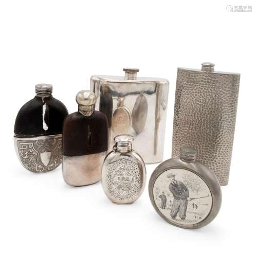 Lot of six silver-plated metal flasks
