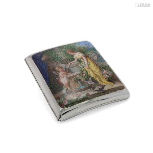 Silver and enamel cigarette case with young girl and Cupid, ...