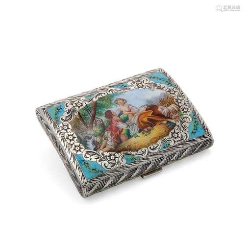 Powder case with gallant scene in embossed and gilded silver...