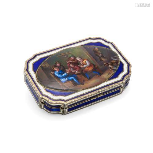 Silver and guilloché enamel snuff box with tavern scene, Vie...