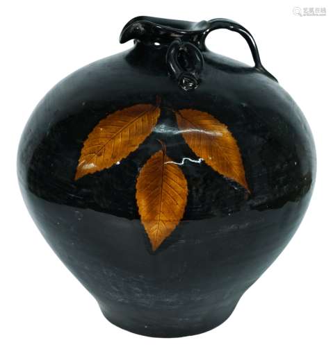 七十年代 黑釉木葉紋罐