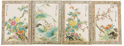 八零年 粉彩四季花卉瓷板一組四塊