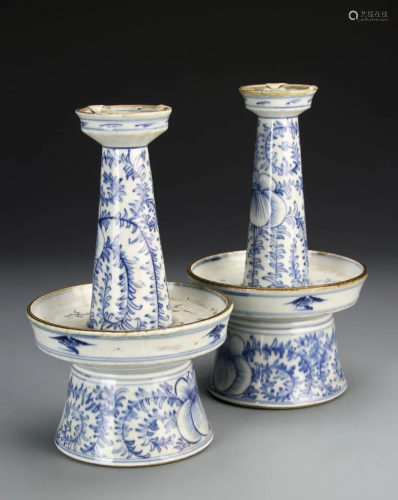 Pair of Chinese Blue and White Candle Holders