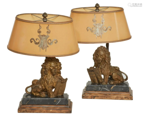 Pair French bronze and marble lion bookend lamps